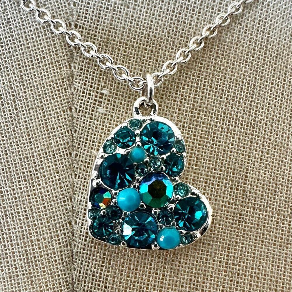 Relic by Fossil Teal Crystal Pave Heart Pendant Necklace